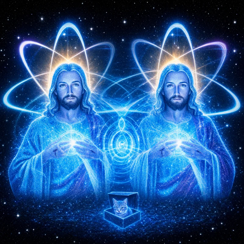 Two overlapping copies of Quantum Jesus in superposition with a cat in a box