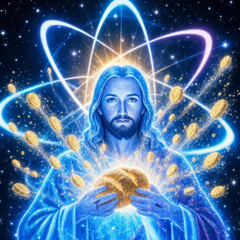 Quantum Jesus multiplying golden coins