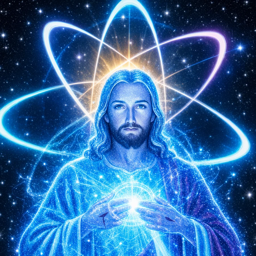 Quantum Jesus made of glowing blue light, with atom orbit rings around his head and a quantum aura at his heart